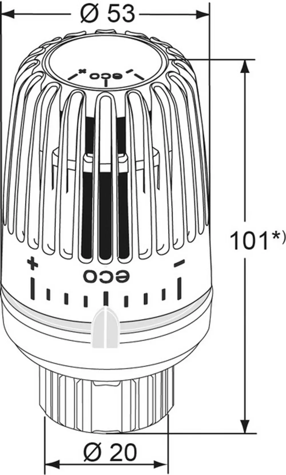 Thermostatkopf von IMI Hydronic Engineering mit Klemmverbindung, gezeichnet in technischer Darstellung. Maße sind im Bild angegeben.